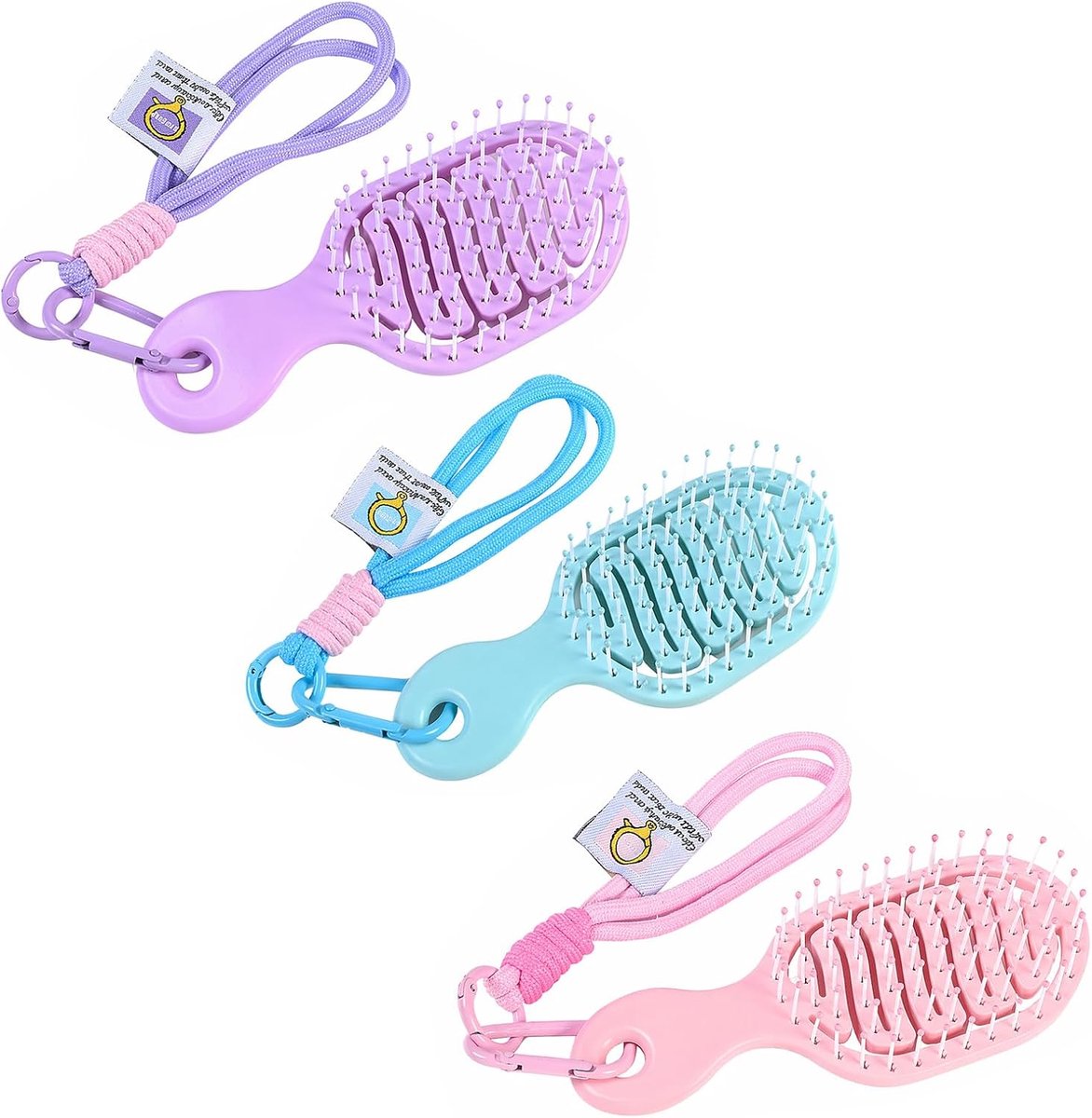Mini-haarborstel met koord, 14,5 x 6 cm, roze, blauw, paars, 3 stuks