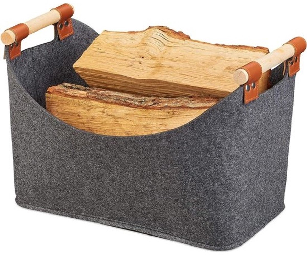 Haardhoutopslag - Houtopberging - Opbergmand van vilt - Opvouwbare houtmand - Vilttas - Donkergrijs - 27 x 40 x 22 cm