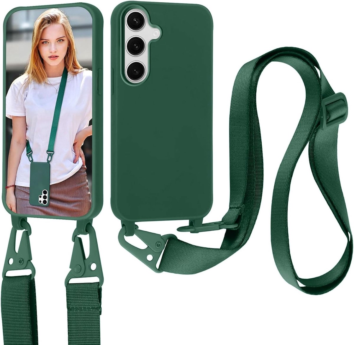 Telefoonhoesje met koord, voor Samsung Galaxy S26 met koord, siliconen telefoonhoes om om te hangen, afneembare halsketting, beschermhoes met ketting, koord, zachte TPU-hoes, groen