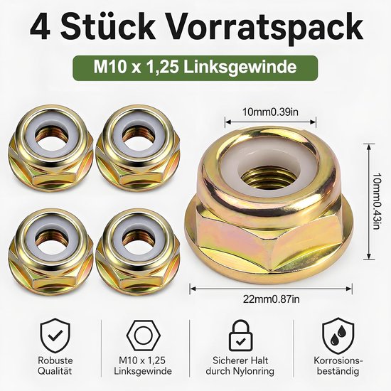 4 stuks linkse schroefdraad flensmoer M10 x 1,25 voor bosmaaier bosmaaier — afbeelding 2