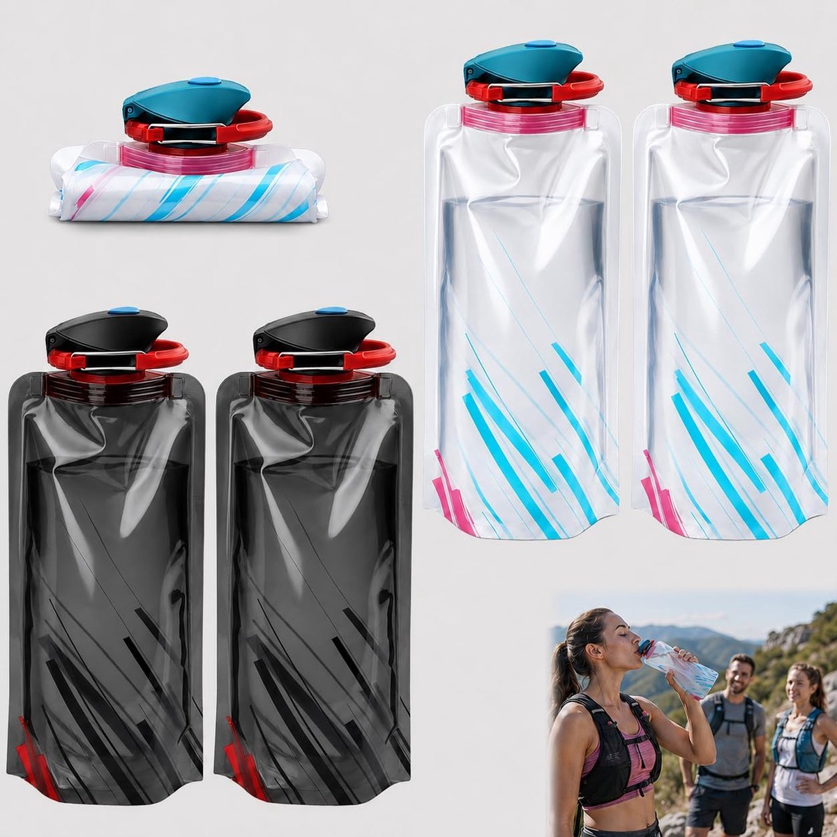 Set van 4 opvouwbare drinkflessen met lekvrije sluiting en karabijnhaak, 700 ml