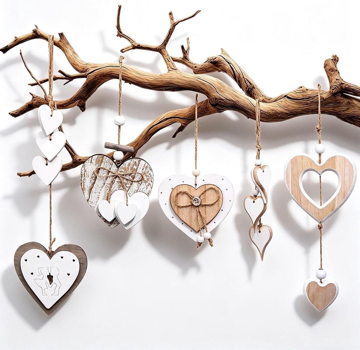 Hangend, hout, houten harten om op te hangen, raamdecoratie, hangend, modern hout voor thuis, bruiloften, ramen, tuinen (5