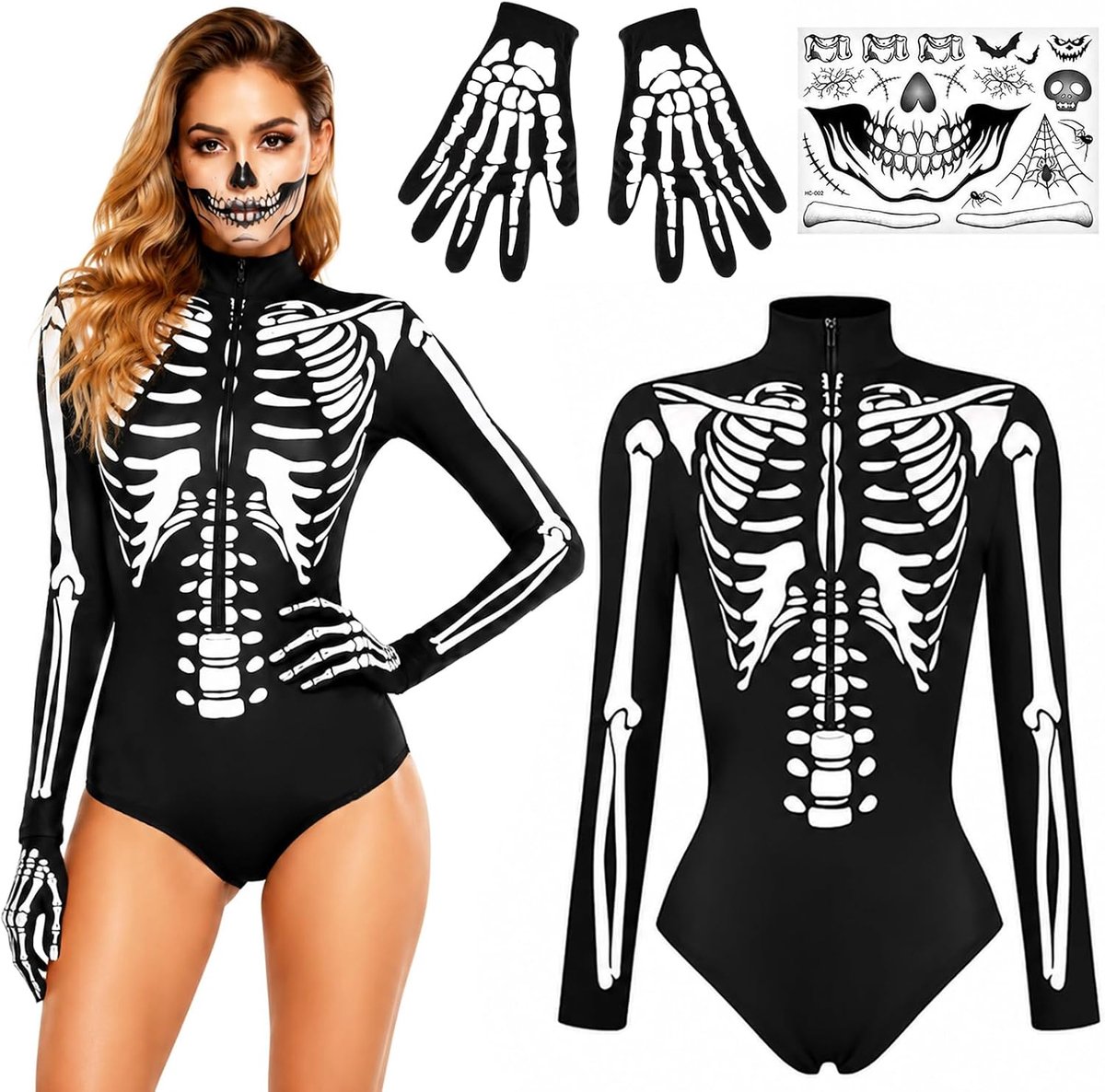 Skeletkostuum dames 3 stuks, L skeletkostuum, griezelig, sexy