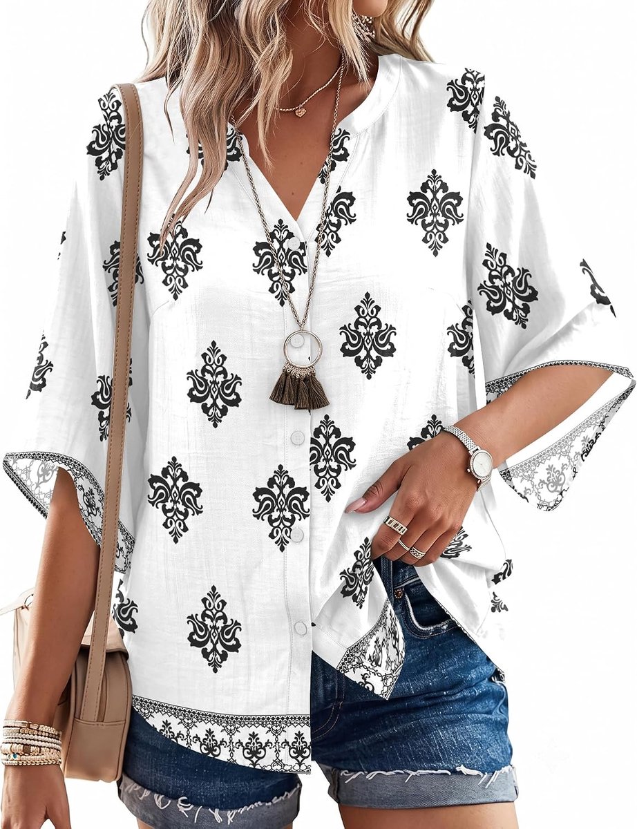 Boho blouse dames 3/4 mouwen V-hals shirt 2026 elegant bovenstuk