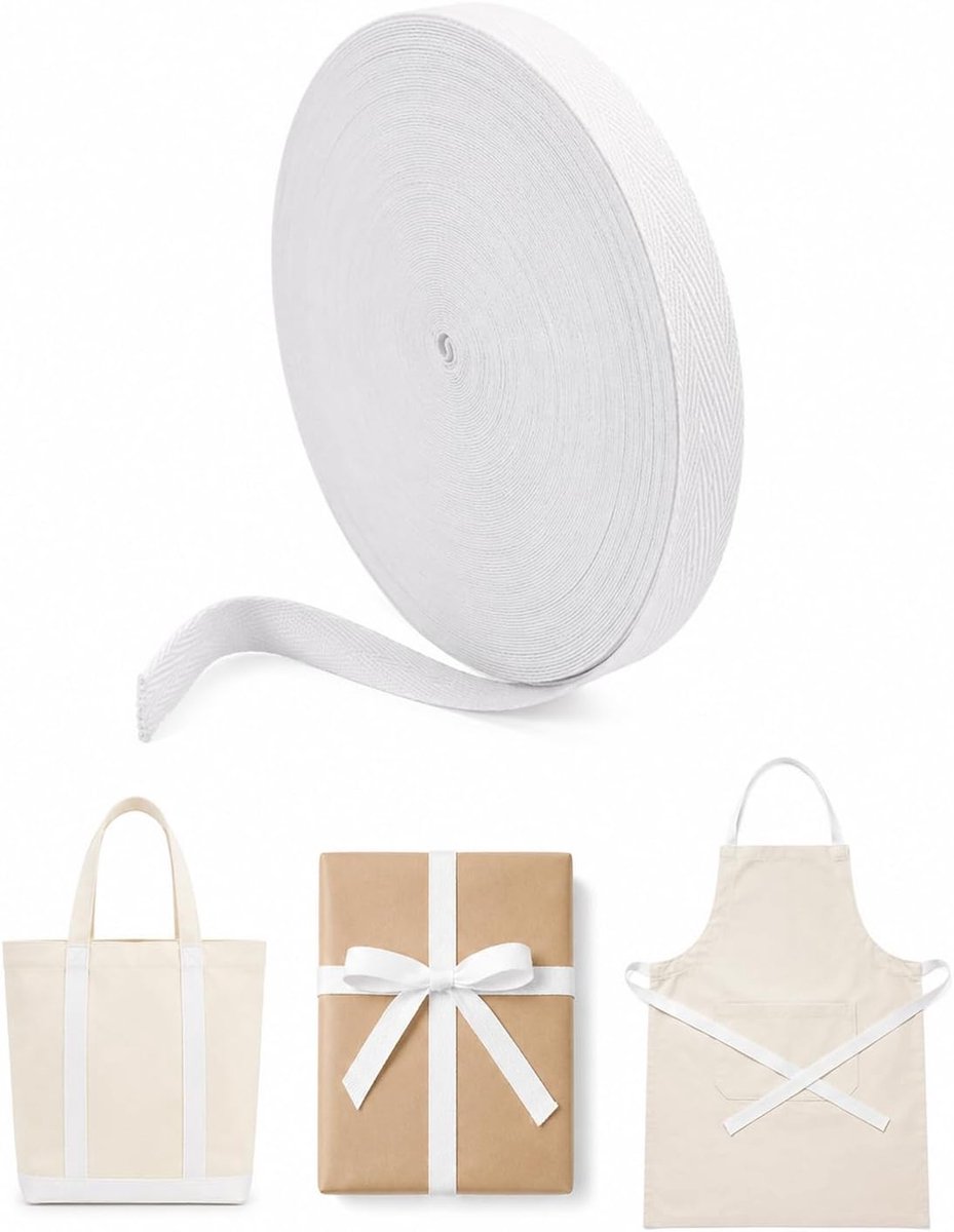 Biasband van katoen, 40 m, 1 cm, wit, band van polyester-katoen, 1 stuk, nauwkeurige band om te naaien, ideaal voor het afwerken, versterken van de randen en bescherming tegen rafelen