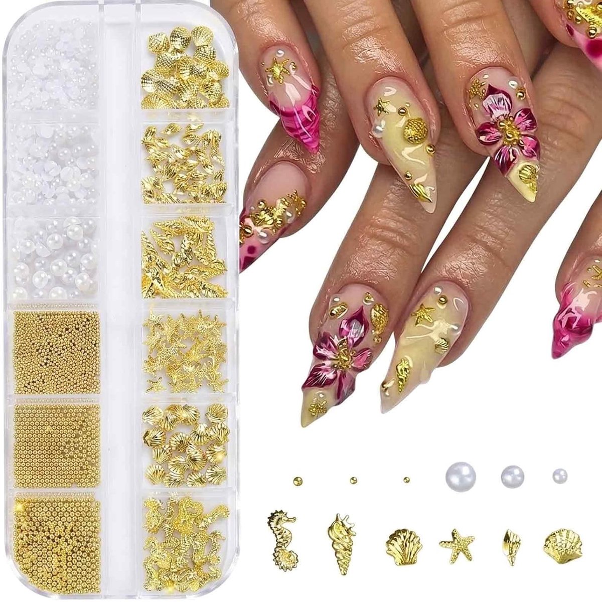 Zomernageldecoratie met zee-motieven, 1 doos met bedels, 3D-nagels, met zeesterren, schelpen, voor nagelkunst, professionele manicure-accessoires