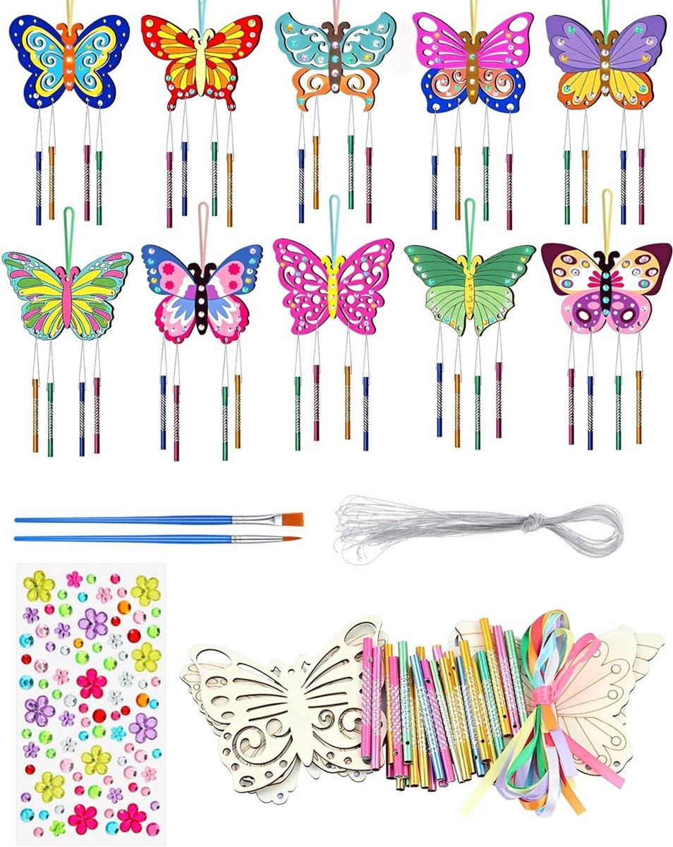 Vlinderset voor kinderen, knutselen met 10 vlinders van karton, 40 kleurrijke sticks, 2 markers, edelstenen en draden voor motoriek en tuindecoratie