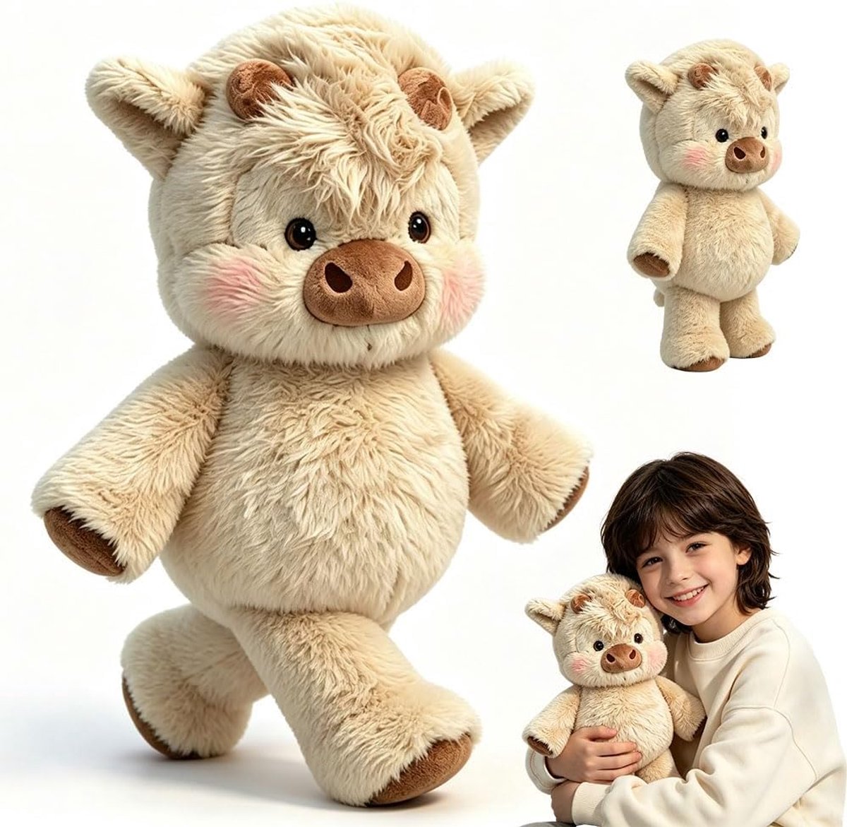 Knuffelkoe, 45 cm rennende knuffel, pluche hooglandkoe, schattig rennend knuffeldier, cadeau voor jongens en meisjes (kaki)
