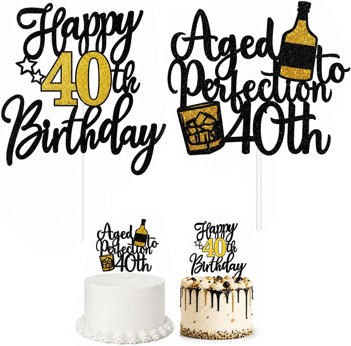 2 stuks, voor 40e verjaardag, man en vrouw, taartdecoratie in zwart en goud, met biermotief en getal 101,6 cm, 14 x 12 cm, met verstelbare staaf