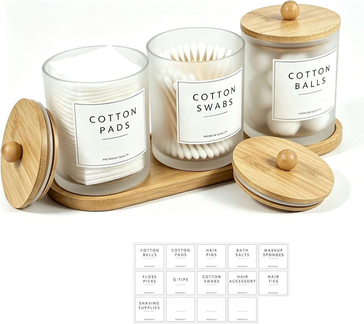 Wattenstaafjeshouder met dienblad, badkamerorganizerset voor wattenstaafjes en wattenpads, make-uptafel make-up organizer