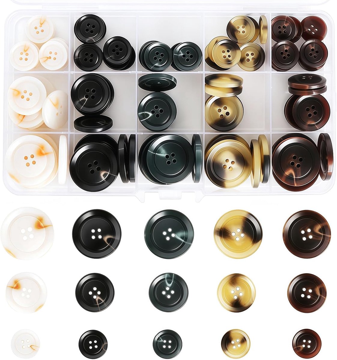 Knopen, set van 110 stuks, 5 kleuren (zwart, blauw, kaki, grijs, koffie), 3 maten (15 mm, 20 mm, 25 mm), imitatie buffelhoornknopen voor pakken, mantels, jassen en broeken