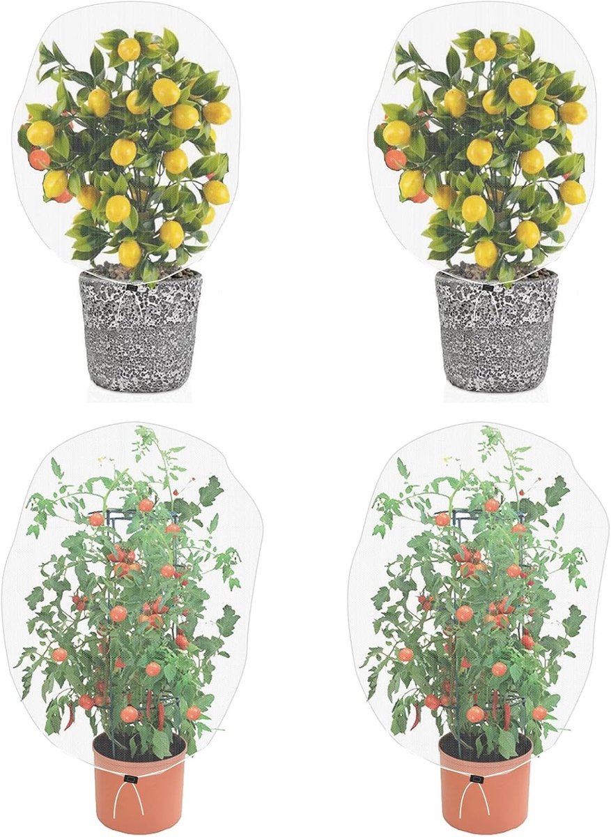 Insecten- en Vogelschutznet voor Planten - 4 Stuks Tuinnet met Trekkoord, 100x150cm Bescherming voor Fruitbomen, Groenten en Bloemen