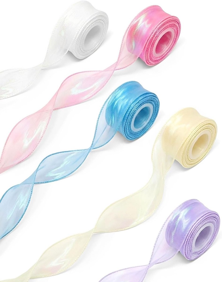 5 stuks gerafelde organzalint, pastelkleurige zijden lint, voor geschenkverpakking, decoratie, bruiloft, boeket, bloemen, handwerk, doe-het-zelf, satijnen lint, cadeaulint, decoratielint, set