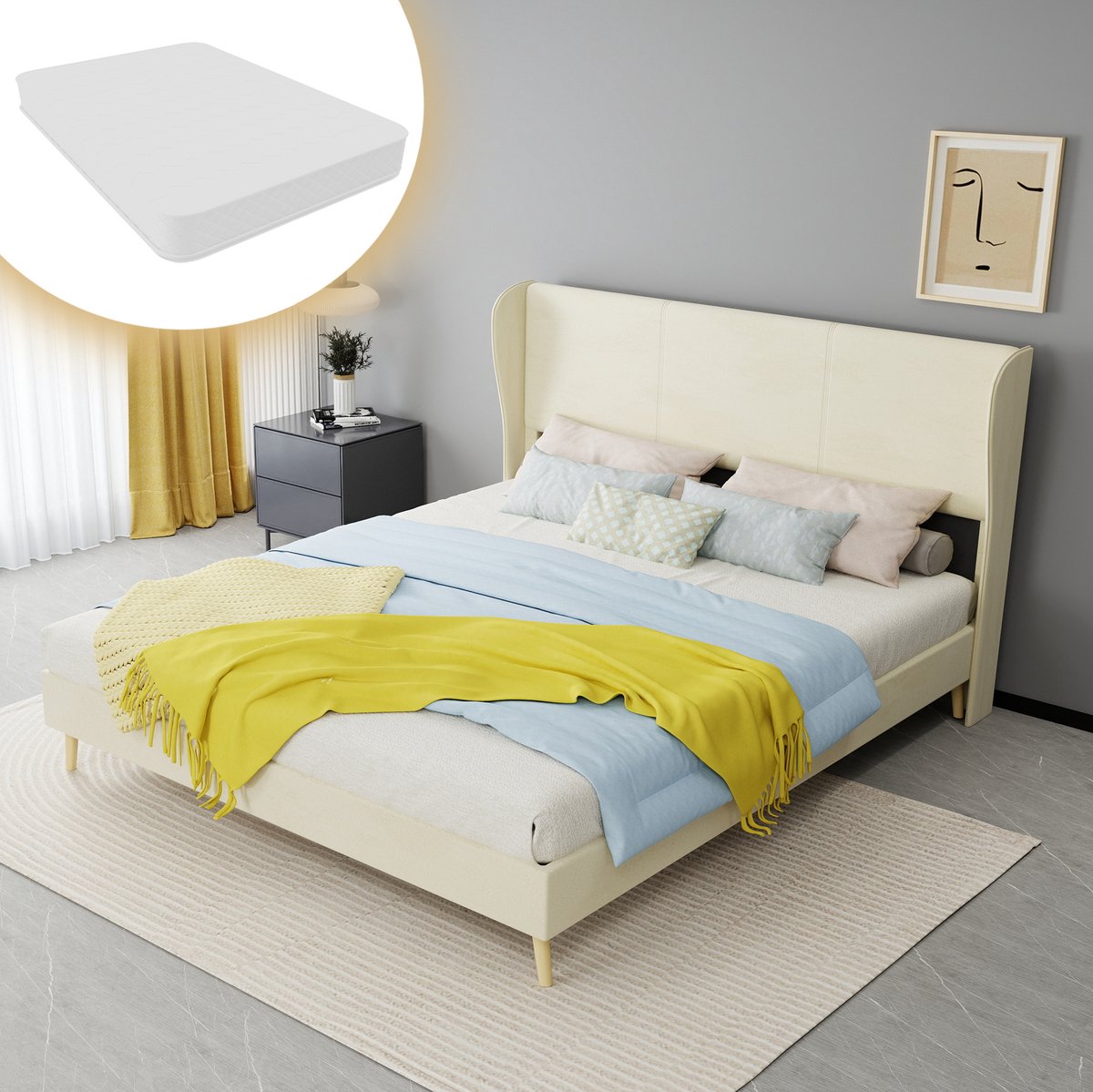 REDOM Gestoffeerd tweepersoonsbed - Hoog hoofdbord - Lattenbodem - Zonder opbergruimte - Spaanplaat en stof - Beige - 200 x 160 x 156 cm