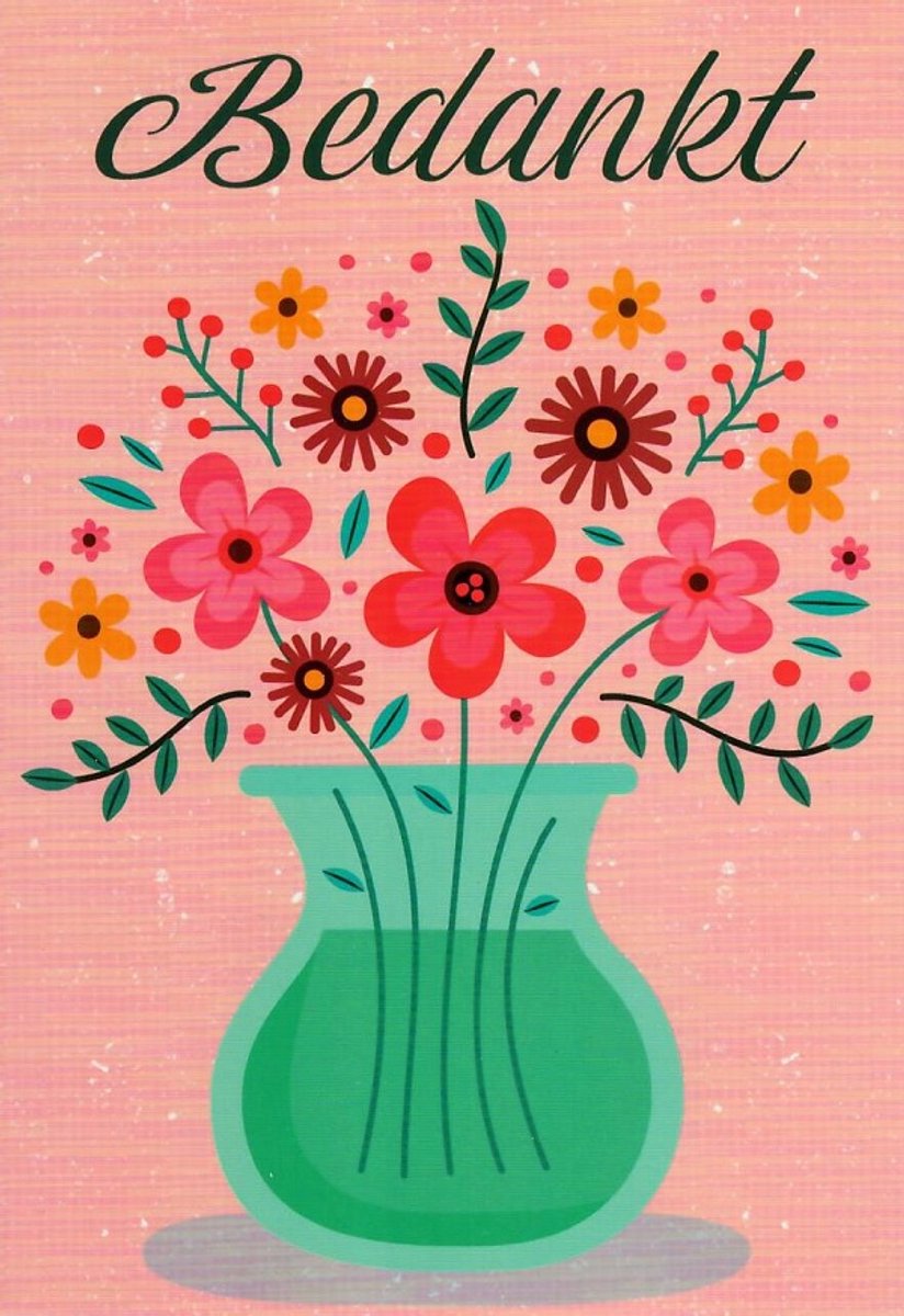 Bedankt! Een grappige kaart met allerlei bloemen in een vaas. Een mooie kaart voor diverse gelegenheden. Leuk om zo te geven of om bij een cadeau te voegen. Een dubbele wenskaart inclusief envelop en in folie verpakt.