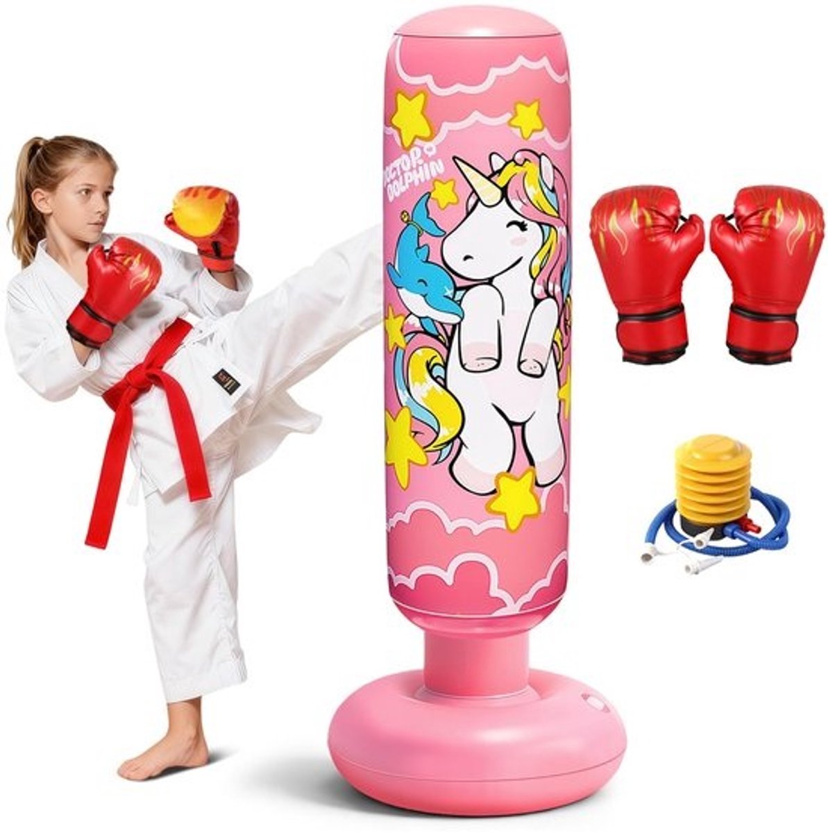 SnelShoppen - Flintronic bokszak voor kinderen - 120 cm - Opblaasbare boksbal - Met bokshandschoenen - Stabiele training voor thuis en fitnessstudio - Voor taekwo