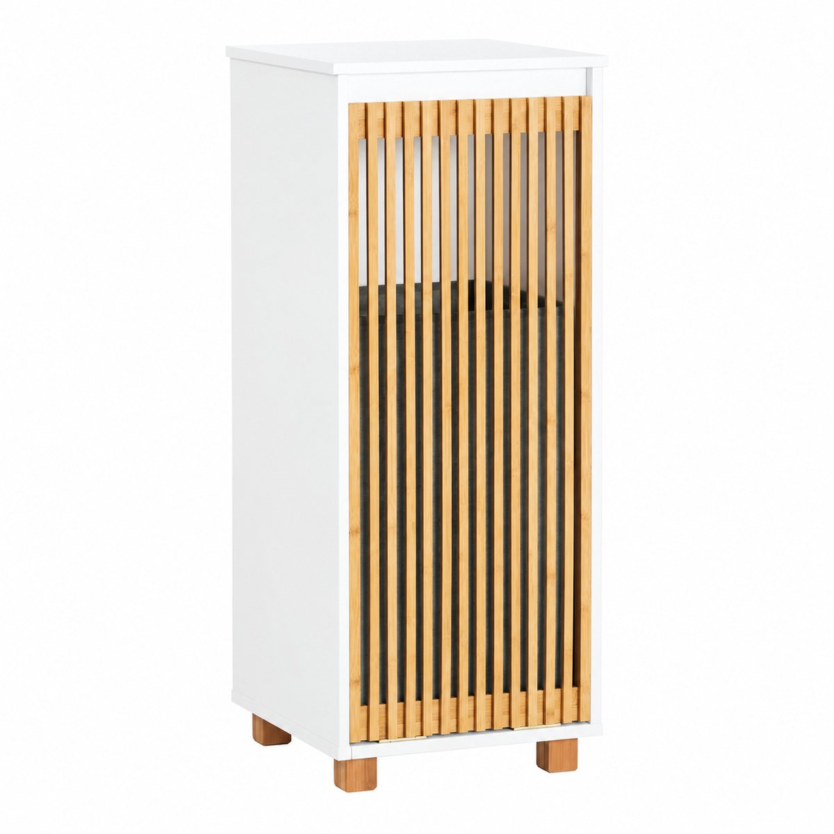 Nyoz waskast - Wasmand - Badkamerkast - Uitklapbare wasmand - Uitneembare waszak - MDF & bamboe - 32 x 33 x 85 cm - Wit/naturel