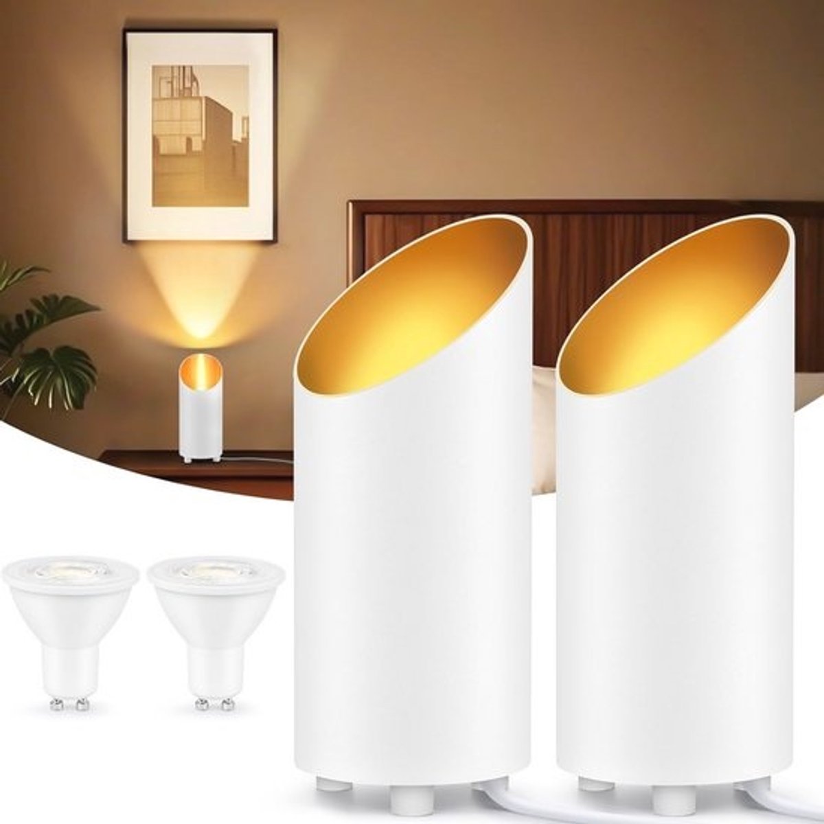 LED-uplight-vloerlamp - IP44 waterdicht, 6 W, 600 LM, aluminium, met voetenschakelaar, GU10, 2700K warm wit - Set van 2