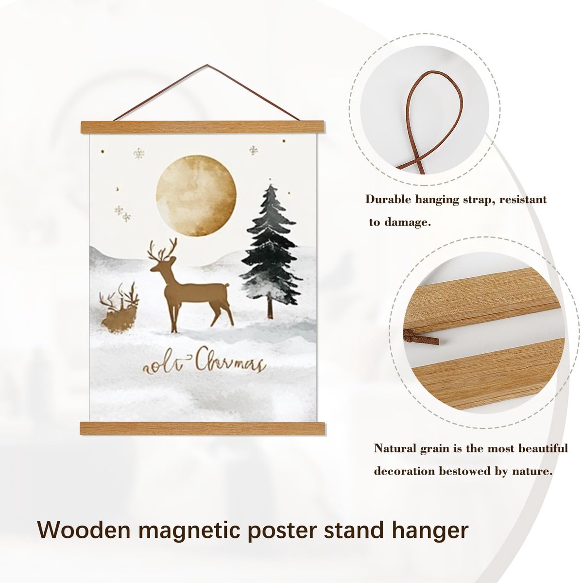 Magnetische Poster Hanger met Licht Houten Frame voor Foto's, Canvas Kunst en Muurkaarten - Groot Formaat 35cm/13.8" in Teak Kleur