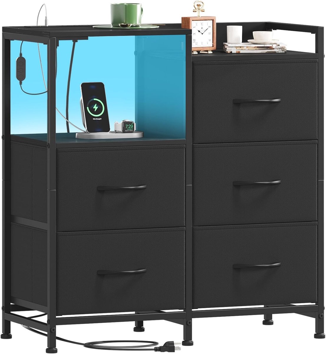 SnelShoppen - Multifunctionele Ladekast met Stofladen, 5 Lades, 2 AC Stopcontacten, 1 USB, 1 Type-C, Zwart, 29D x 66.5B x 70.5H, Inclusief LED Verlich