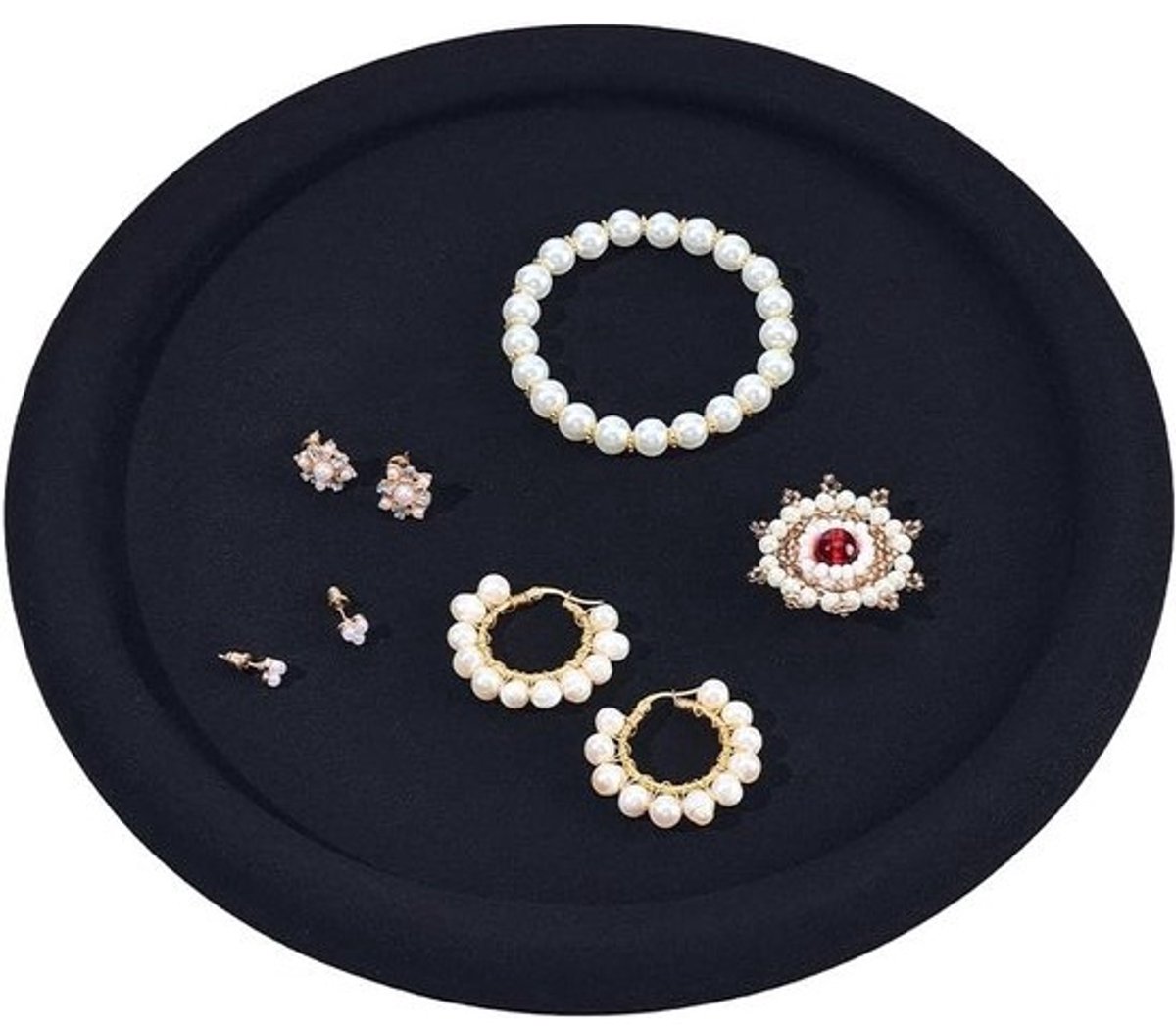 Ronde Microfiber Sieraden Display Tray voor Oorbellen, Ringen, Kettingen en Armbanden - Zwart - 25.5 x 1.8cm - Organizer voor Sieraden en Horloges