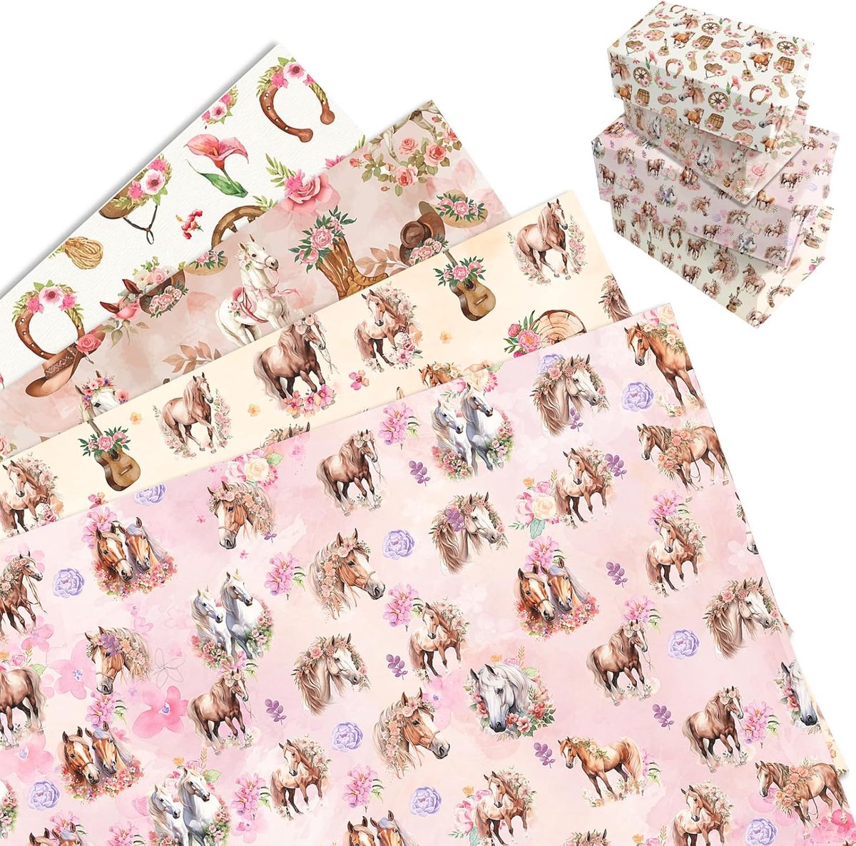SnelShoppen - Paardeninpakpapier 12 vellen met ponythema voor jongens en meisjes, cadeaupapier 68 x 50 cm voor verjaardag, paardensport en kinderfeest