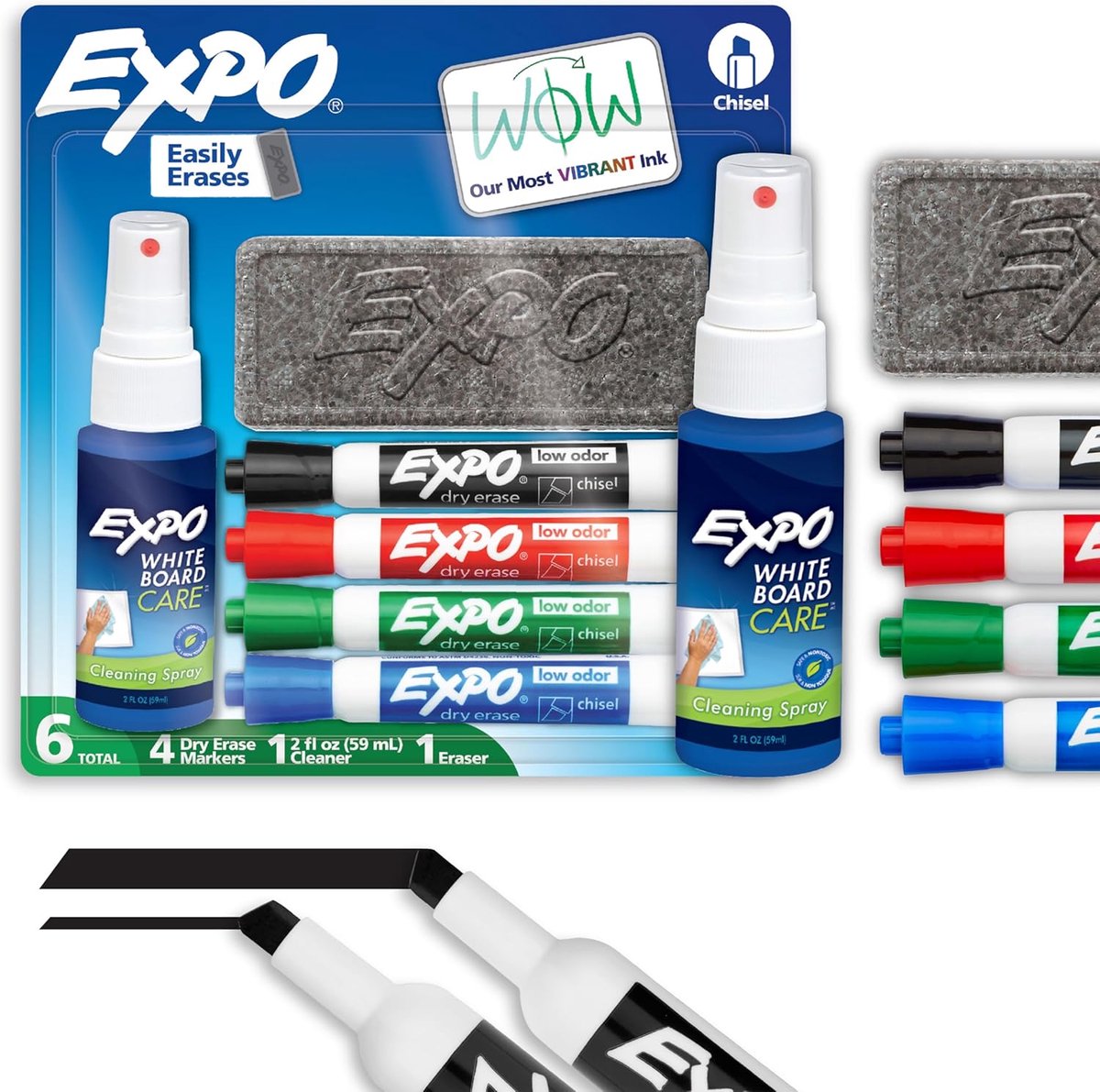 Drooguitwisbare markers set - 6 kleurtjes met chisel tip - inclusief whiteboard cleaner - SnelShoppen