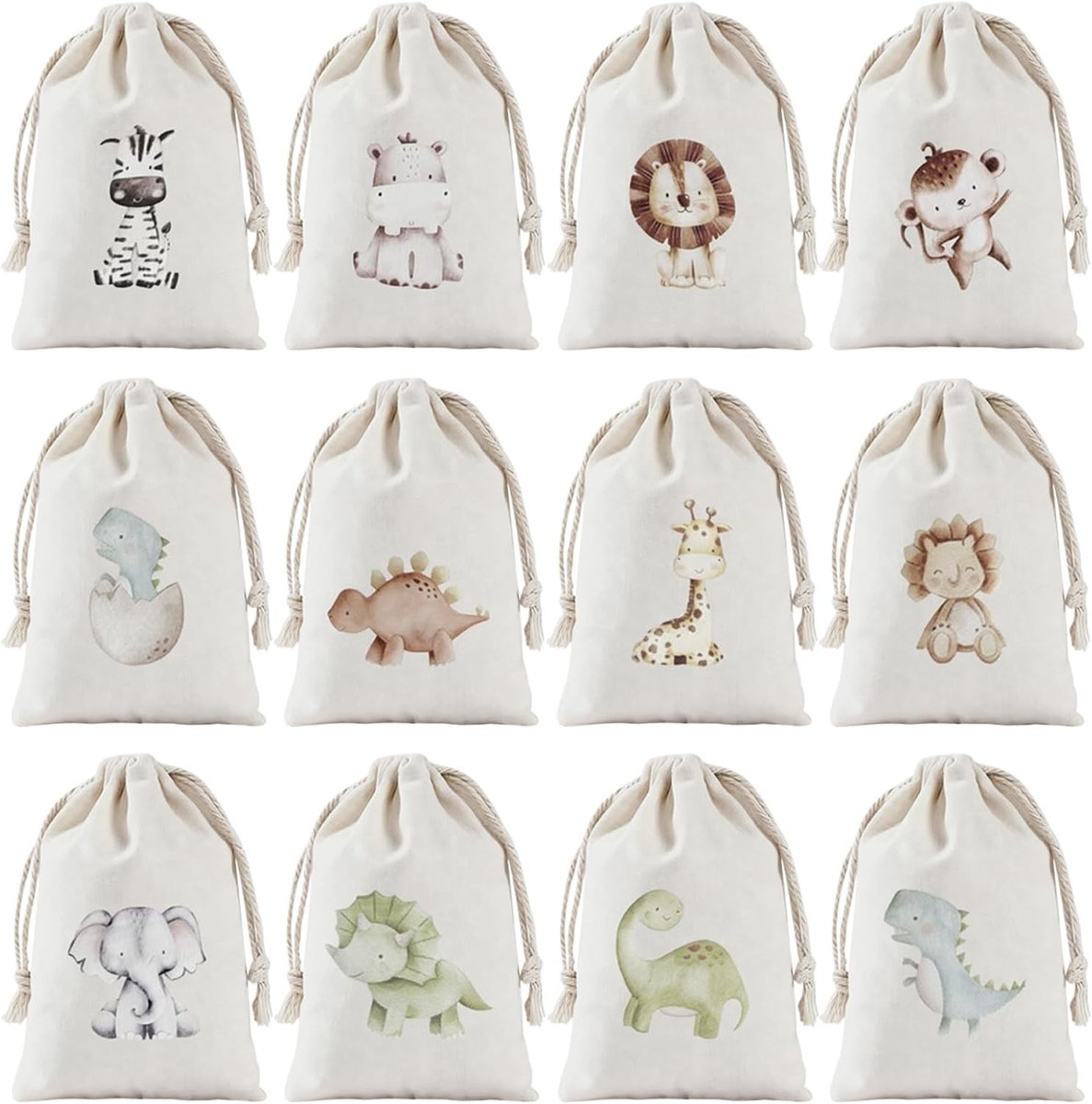 Set van 12 Schattige Dieren Cartoon Tassen voor Vullingen, 10 x 15 cm, Katoenen Trekkoord Tassen voor Baby Shower, Feestjes en Sieraden