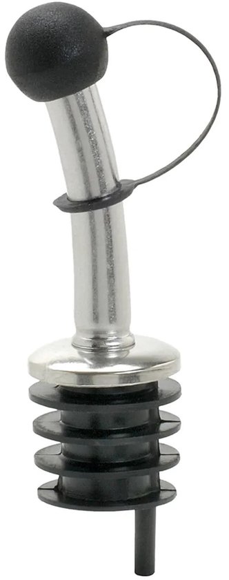 Zilverkleurige metalen flessenschenker met zwarte rubberen dop en ribbelige schenktuit.
