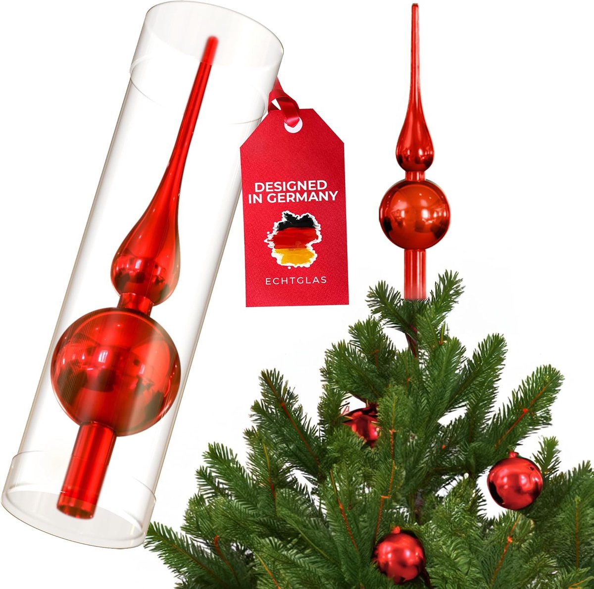 Kerstboomtopper 28 cm - echte glas - glanzend rood - elegante decoratie voor uw kerstboom - ShopVlot