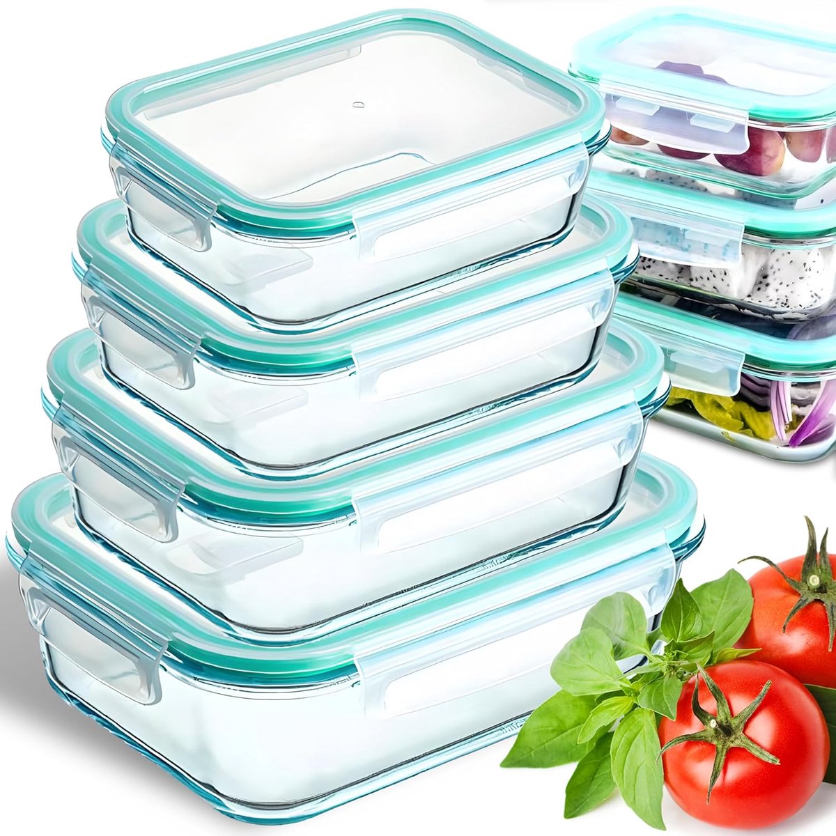 Dailygoods- Opbergdozen Set van 4 - Glas - Met Deksel - Stapelbaar - Voedselopslag - Lekvrije Sluiting - Verlengde Houdbaarheid