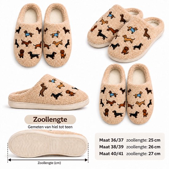 Crème pantoffels met opgedrukte teckels in verschillende kleuren en blauwe truien, met afmetingen.