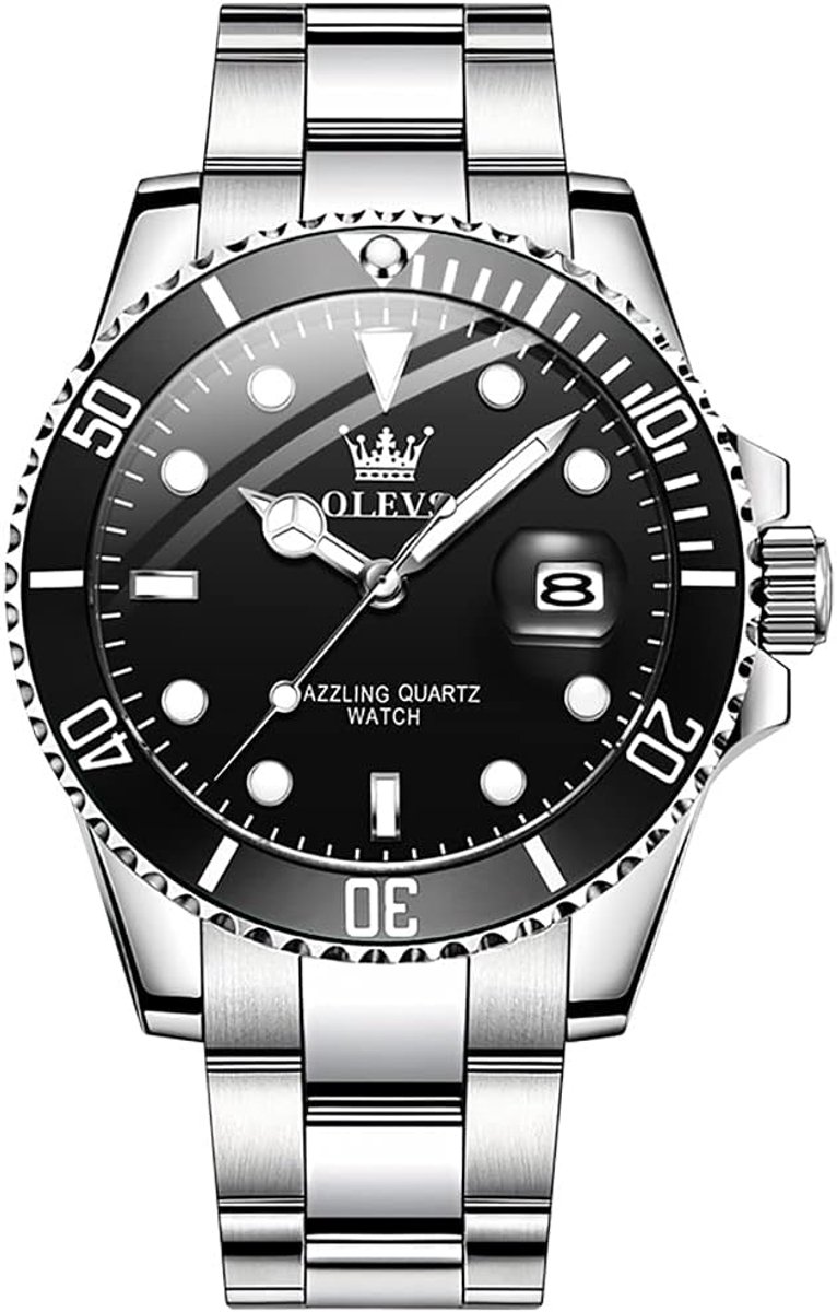 OLEVS Men's silver watch, large face stainless steel quartz watch, classic easy to read luxury wrist watch men - ShopVlot