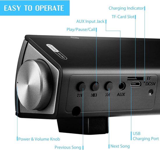 SnelShoppen - Draadloze Bluetooth Soundbar Speaker met Built-in Subwoofer, USB, AUX, Optical, TF Card - Portable Stereo Computer Speaker voor TV, Fees — afbeelding 5