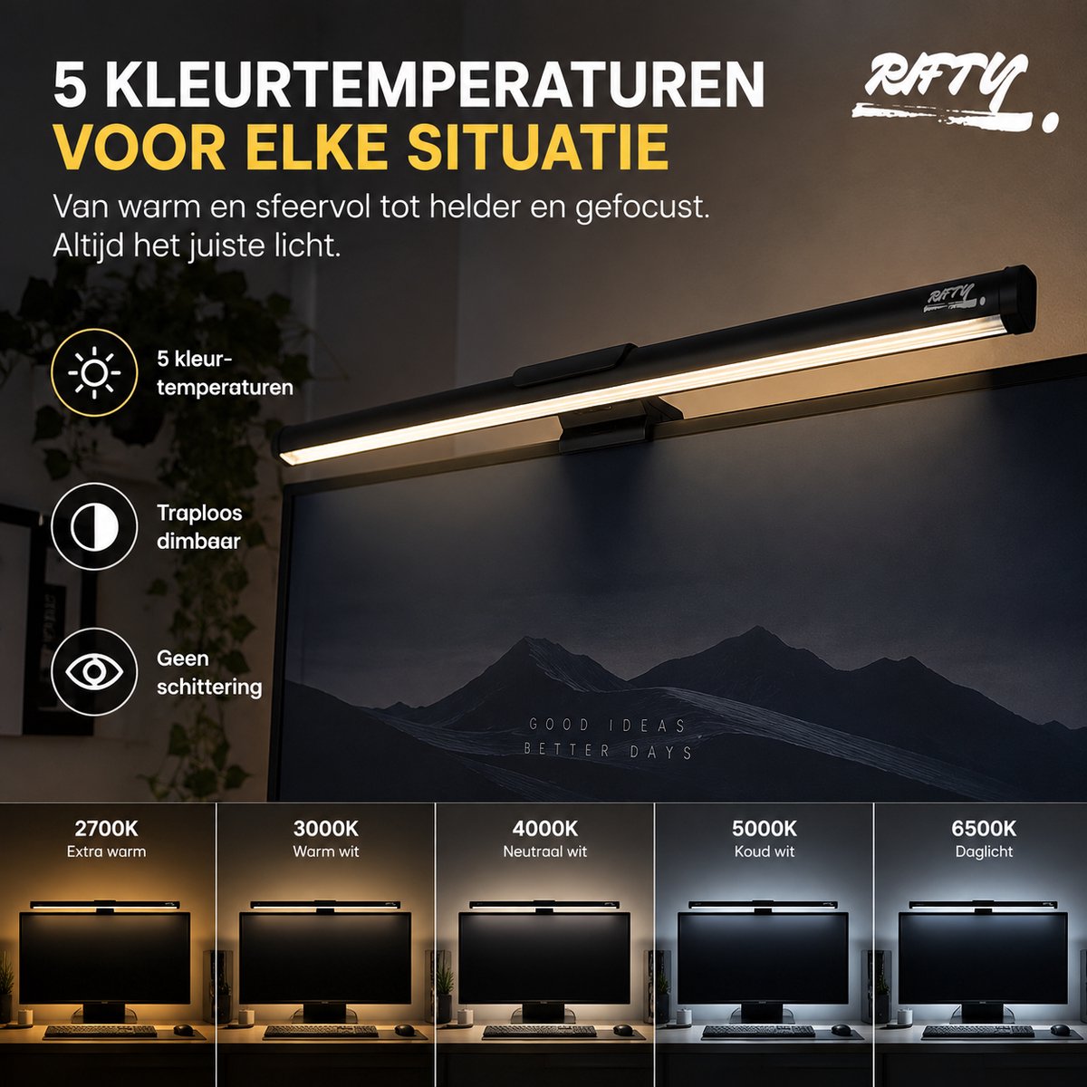 Rifty Monitor Light Bar - Monitor Lamp USB Dimbaar - Schermbalk Beeldscherm Lamp - 5 Kleurtemperaturen - Anti Reflectie - Oogvriendelijke Bureauverlichting voor PC, Laptop, Thuiswerken & Gaming thumbnail 3