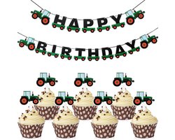 Blulu Farm Green Tractor Theme Party Decorations, Includes Happy Birthday Banner and 28 Pieces Cupcake Toppers For - ShopVlot