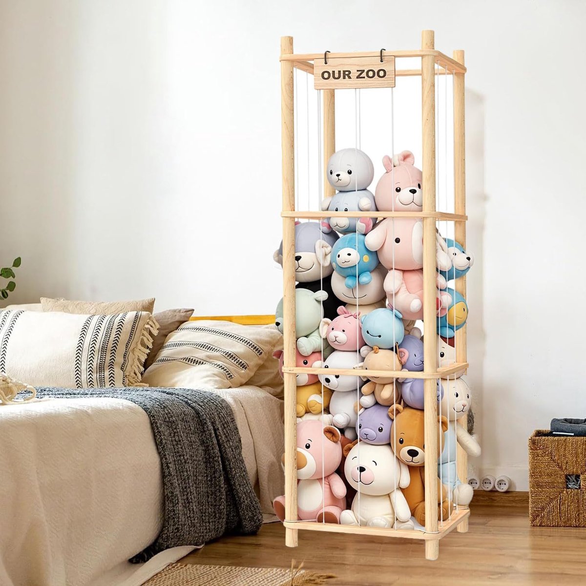 Plush houder grote capaciteit - ruimtebesparend - natuurlijk hout - ideaal voor kinderkamer - ShopVlot — cadeau in Wonen & Interieur - foto 5