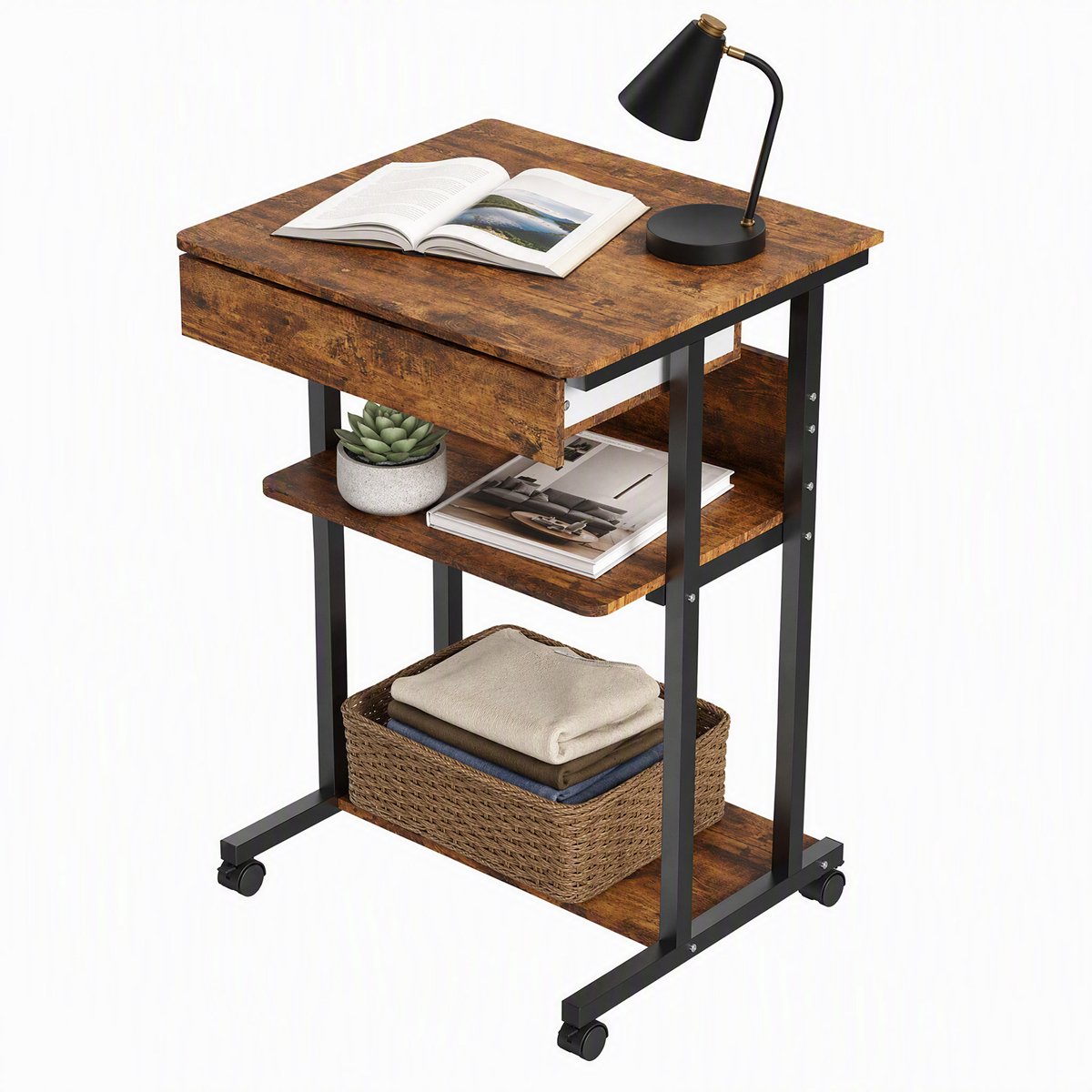 PIPIPOXER Bureau - Computertafe bureau op wielen - Met lades en opbergvakken- voor thuiskantoor, slaapkamer, woonkamer -Verrijdbaar Computerbureau - Tafel - 56 x 51 x 80 cm - Bruin
