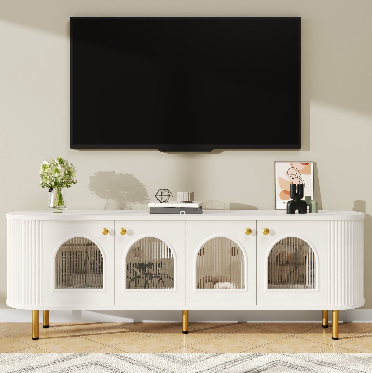 WUVRIE TV-meubel 170 cm - 4 glazen deuren en kabeldoorvoer - Wit/goud