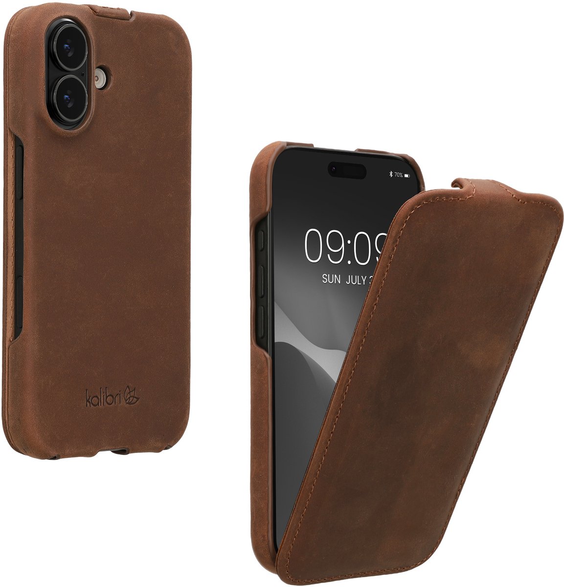 kalibri flip cover geschikt voor Apple iPhone 17 - ultradunne leren hoes voor smartphone - bruin