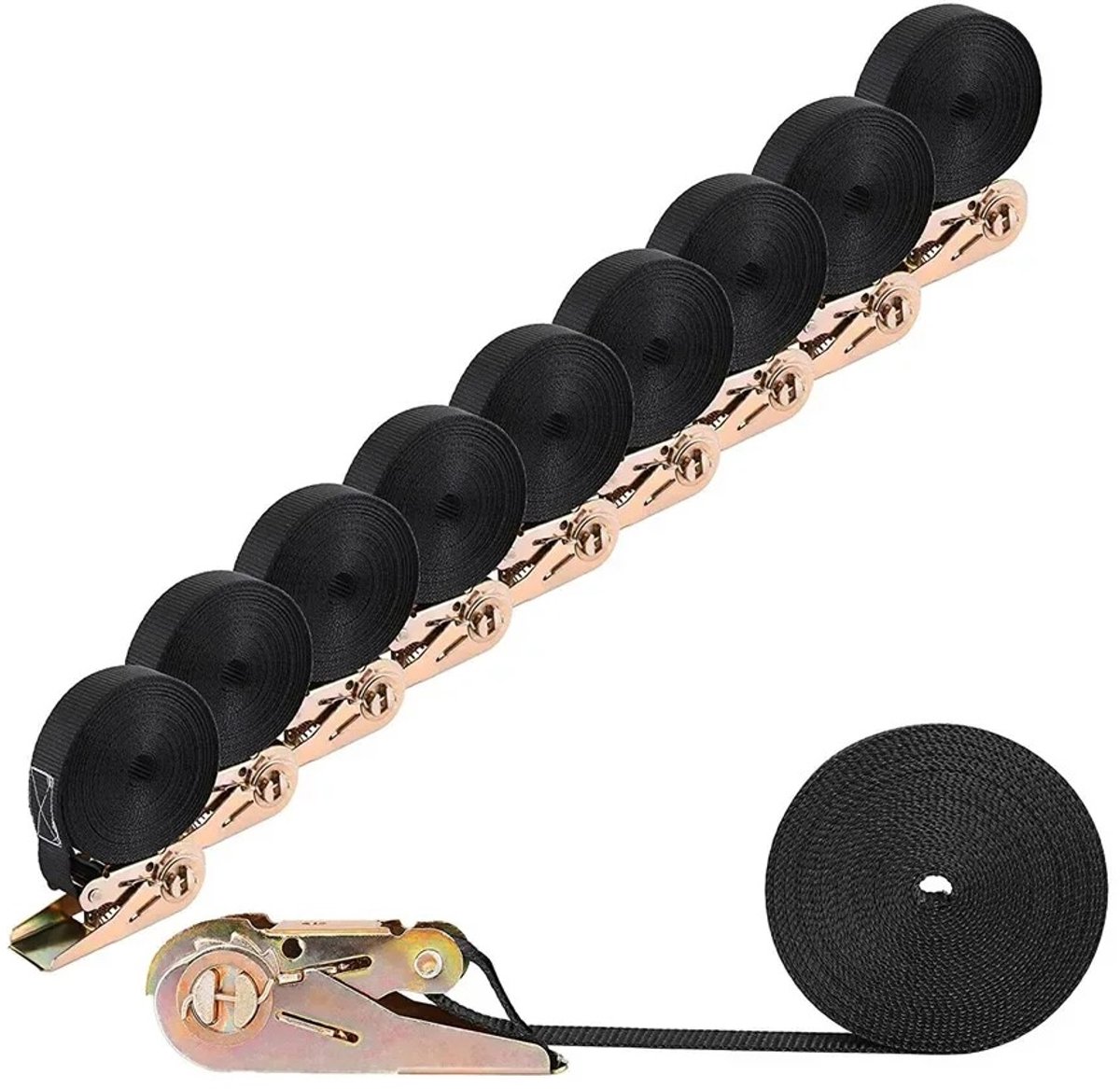 Sellino Spanbanden - Sterke Ratelspanbanden 10 delige set - Vastzetbanden - 6 Meter lang - 800 Kg breeksterkte - Polyester - Zwart