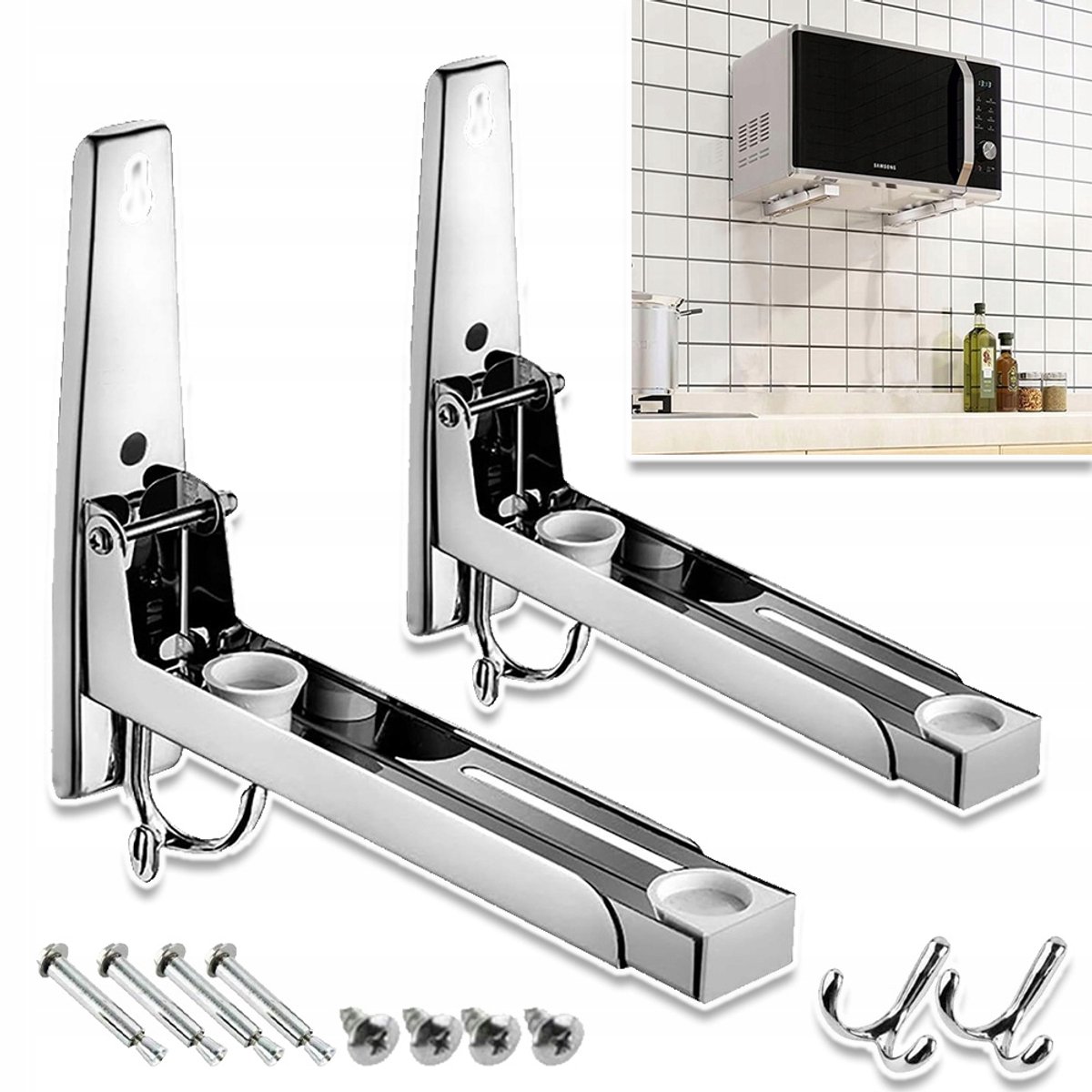 RVS Magnetronbeugel Wandmontage - Verstelbare Ophangbeugel voor Magnetron Oven Keukenapparatuur - Uitschuifbaar 22-40cm Opvouwbaar Roestvrij - 35kg Belastbaar - Met 2 Haken - Zilver