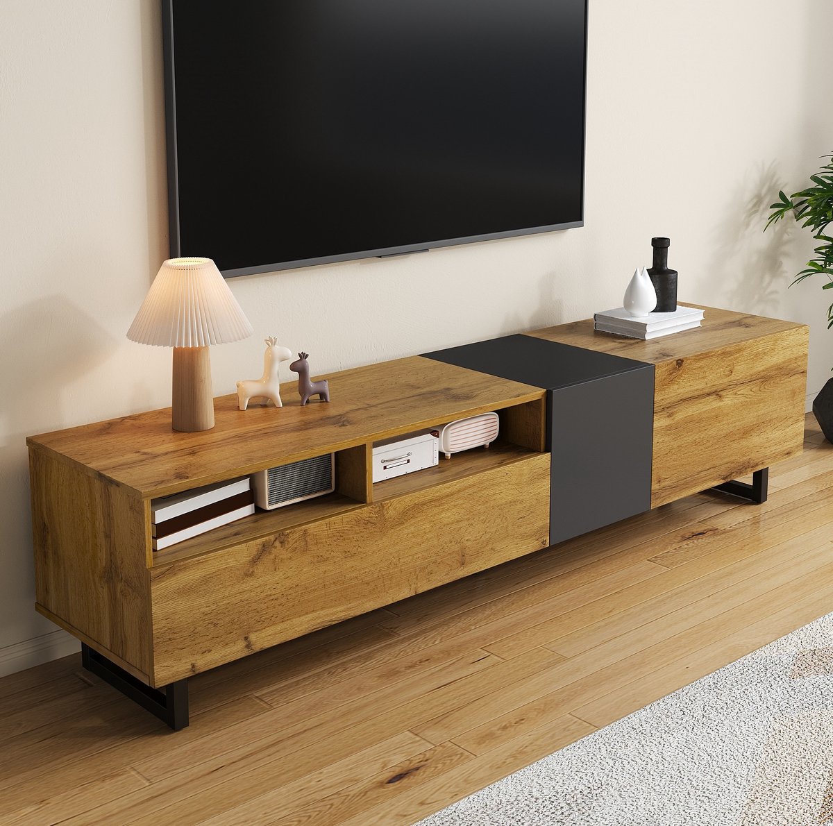 WUVRIE TV-meubel 170 cm - 3 deuren en 2 open vakken - Naturel/donkergrijs Antiek donkergrijs