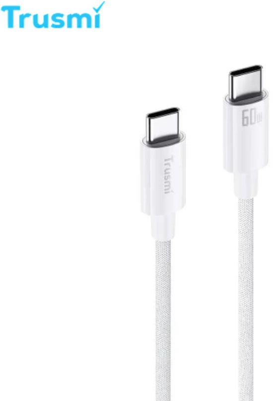 Witte gevlochten USB-C naar USB-C kabel van Trusmi met 60W aanduiding op de connector.