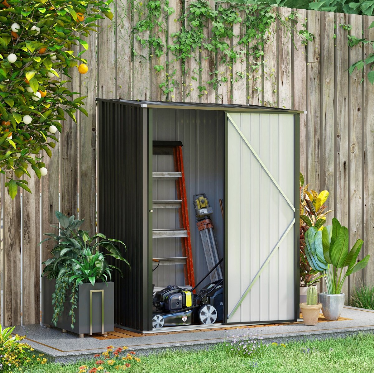 WUVRIE - Tuinschuur 161,5x94,5x196 cm - Afsluitbare deur en pultdak - Zwart