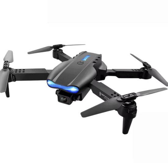Zwarte opvouwbare drone met gebogen lijnen, blauwe LED-lampjes aan de voorkant en een camera.
