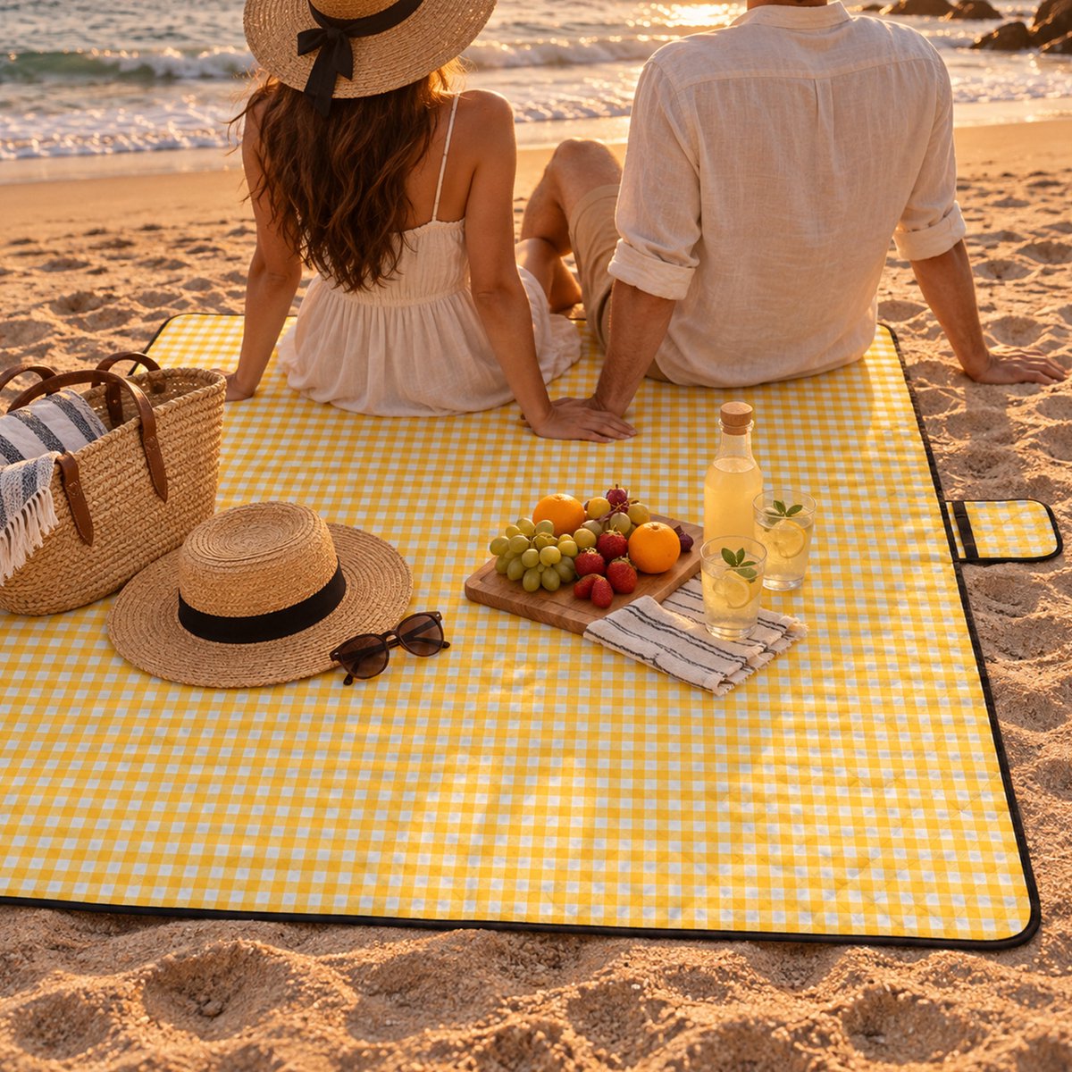 CHICFURN Extra Dik Waterdicht Picknickkleed, geel-wit geruite picknickmat voor gezinnen en 4-6 personen, geschikt voor picknicks en kamperen, 200 x 200 cm, 3-laags ontwerp, opvouwbaar met handvat