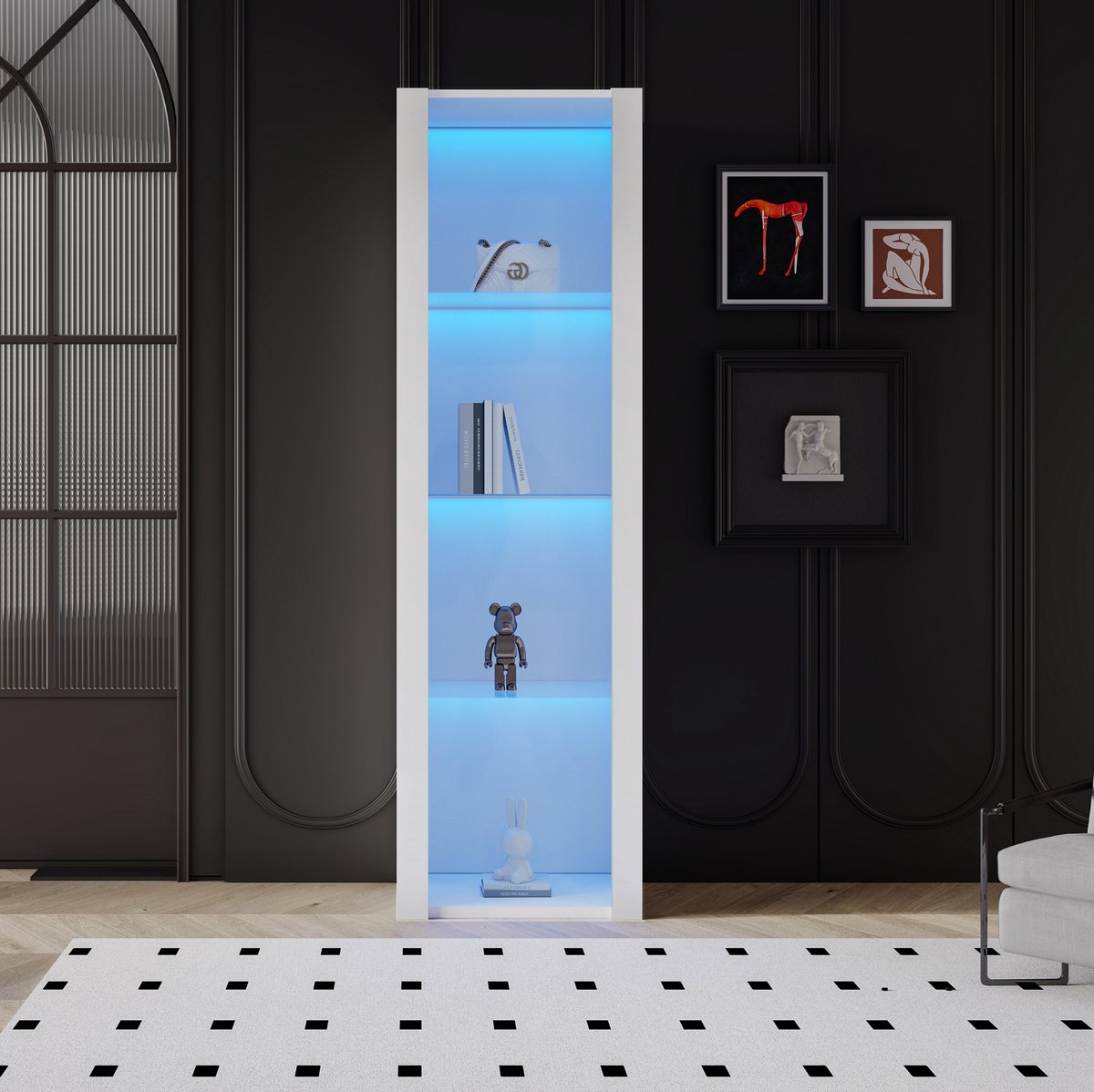 WUVRIE Vitrinekast 55x38x166 cm - 3 glazen planken en LED-verlichting via app - Wit hoogglans