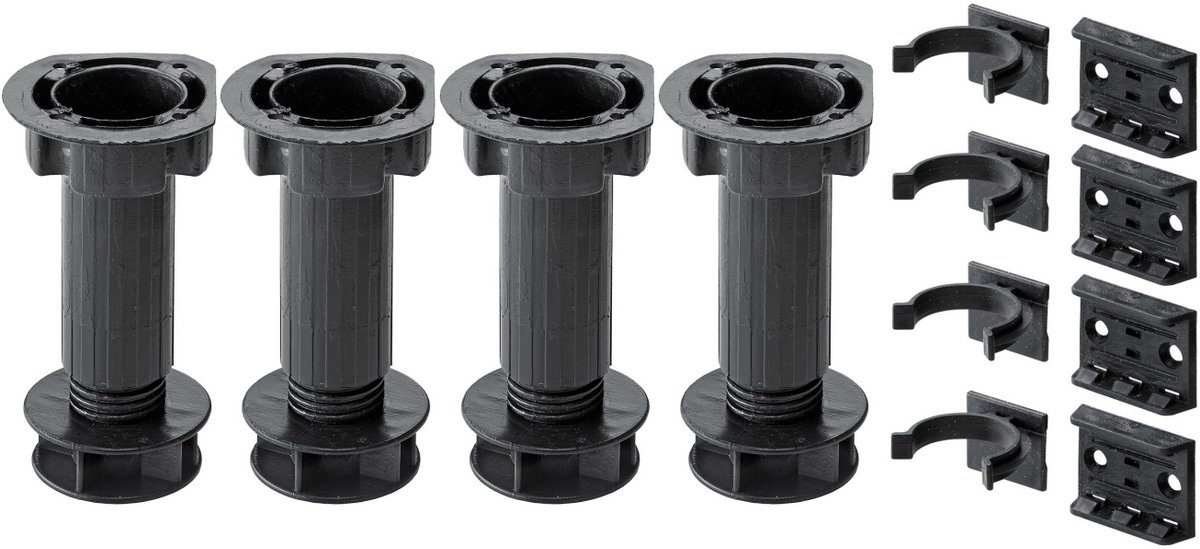 Hettich plintverstelvoetje - 4 stuks - kunststof - zwart - 100-120 mm - Ø25 mm - verstelbare plintvoet - verstelbare meubelpoten - verstelbaar keukenkastpoot - incl. plint bevestiging