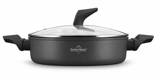 Swiss Haus® LLC28B Hapjespan Inductie met Deksel - Ø 28 cm / 4.6 Liter - PFAS Vrij - Hapjespannen Voor Alle Warmtebronnen - Braadpan Met Sapphire™ Antiaanbaklaag - Zwart